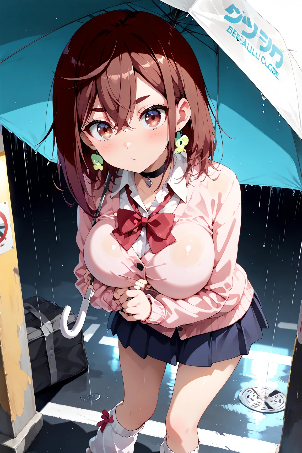 masterpiece, Highest quality, High Resolution, HS1,blush、Embarrassed face,NSFW、Beautiful breasts,necklace、Ponytail、On the road,Soaking wet、rain