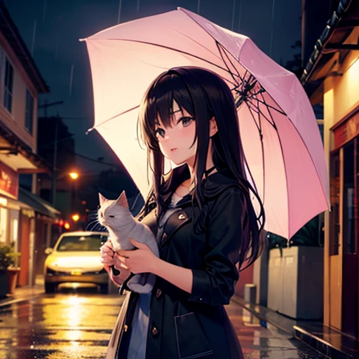 Create me a picture, anime with a woman and a cat in the rain