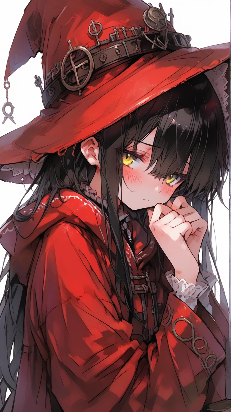 masterpiece, best quality, ultra-detailed, illustration, close-up, straight on, 1girl, black hair, yellow eyes, red roses, chains