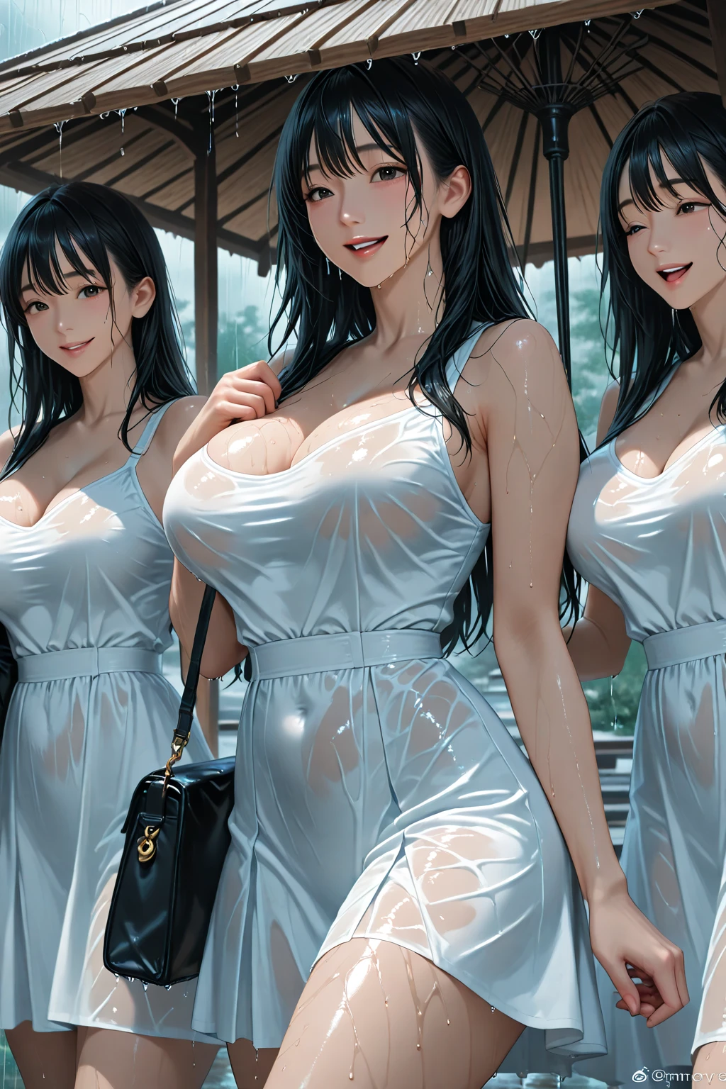 highest quality、High resolution、8k、(huge breasts:1.3)、Beautiful teenage girl、((three girls:1.5)、(three women)、braided ponytail、flashy hair color、
((cute thin white v string bikini:1.5))、High leg、My whole body gets wet、(Wet and see-through swimsuit:1.8)、(Nipples stand out in swimsuits:1.8)、water play spot、water play slide、water play event、
Laugh playfully、smile、smile、sexual expression、emphasize cleavage
