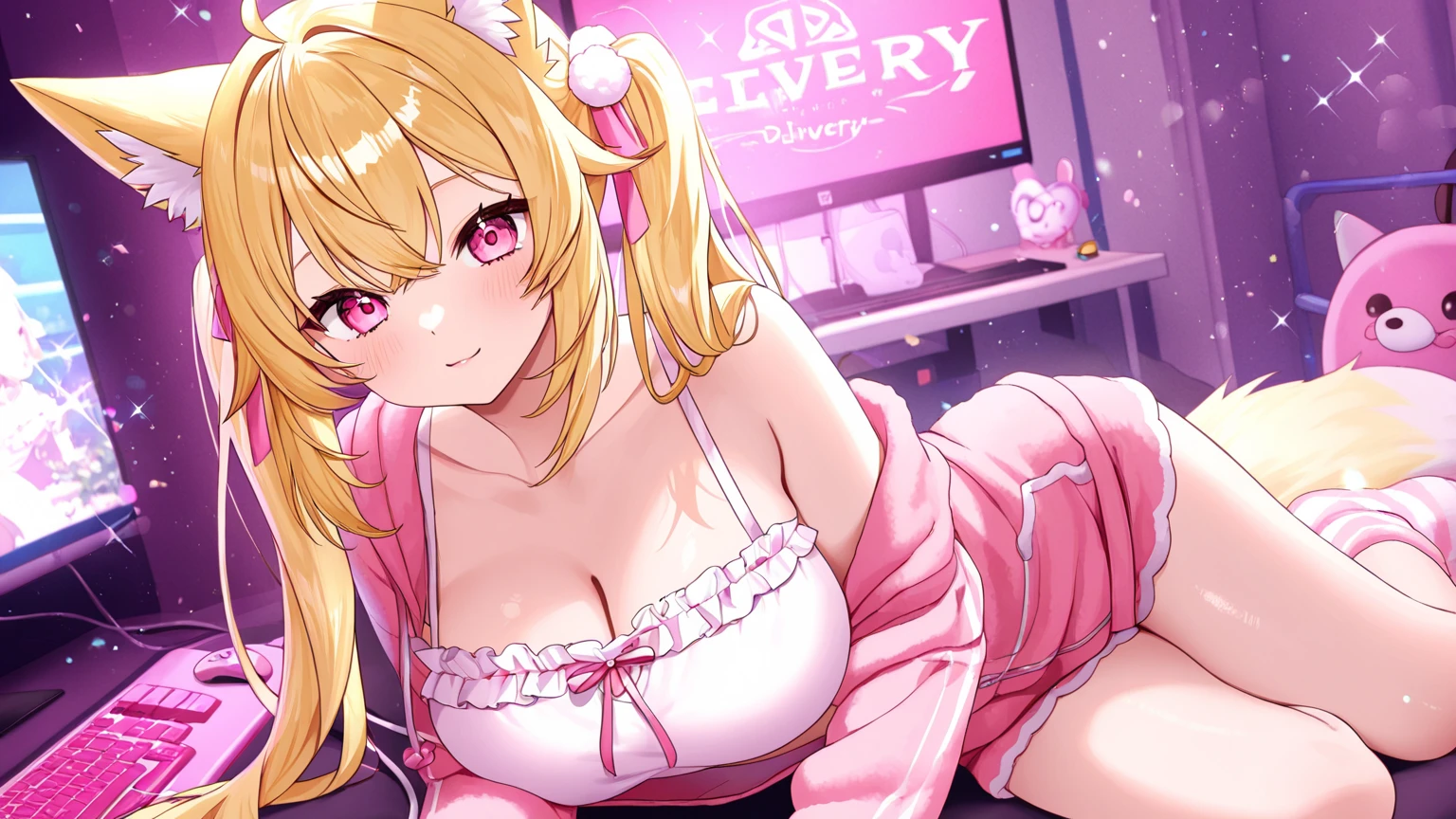 ((1 girls), solo, clevage, Big round breasts, trendy, stylish, clevage, thighs, hips, realistic, pink hair, blonde hair, light green eyes, lip gloss, detailed face, amazing big eyes, eye details, big lips, eyebrow details, blush, smirk, naughty, mischevious face, HD, good quality, thick thighs, attractive, tv room