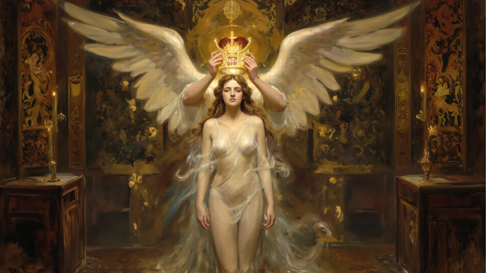 naked woman on an armchair dying and an angel on her, Exhibitionism
, masterpiece, 16th century painting, baroque style, Renaissance painting, lights and colors in the style of Rembrandt, dark backgrounds, antique painting effect, full details