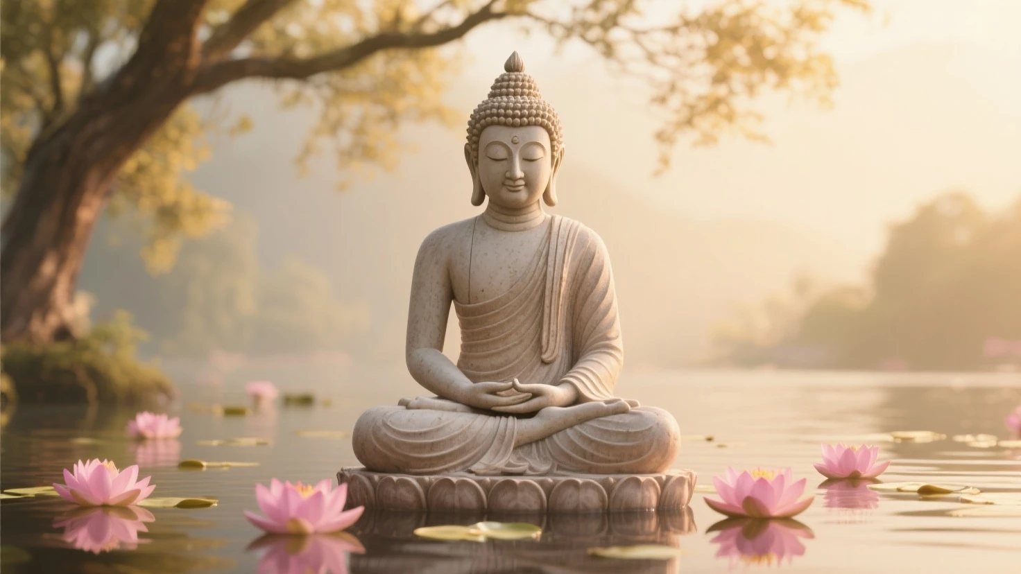 An image of a meditating Buddha , On the side a lotus flower in the background that is a serene place and reflects peace