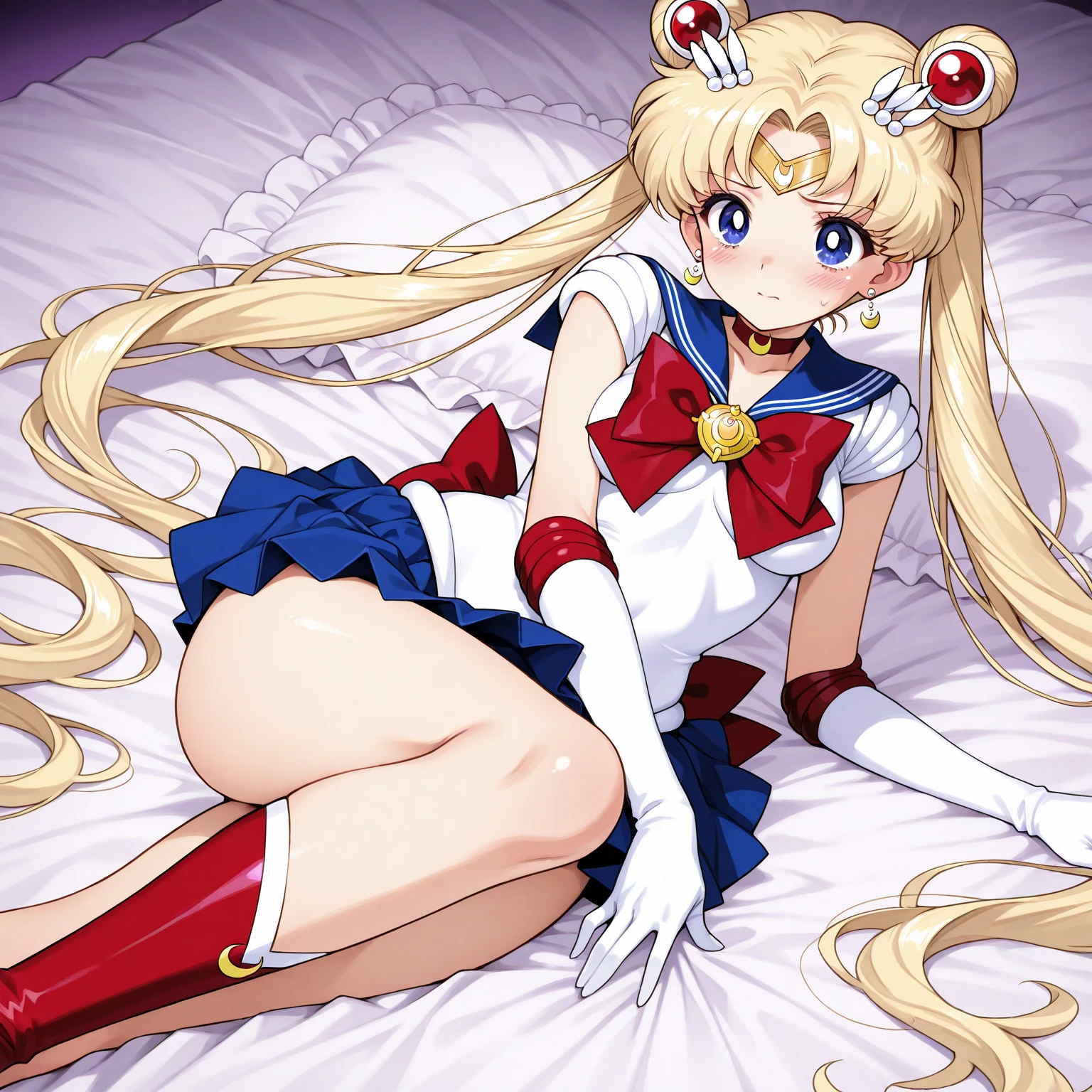 masterpiece, best quality, absurdres, perfect antomy, 1girl, solo, SMMoon, 1990s \(style\), blonde sailor moon, standing, smile, cowboy shot, sailor senshi uniform, sailor collar, blue skirt, elbow gloves, big booty, ultra mini skirt , jewelry, earrings, lying on her side on a bed, showing her ass, ass with a micro thong, very sexy , nice ass. (LYING ON HER SIDE ON A BED)