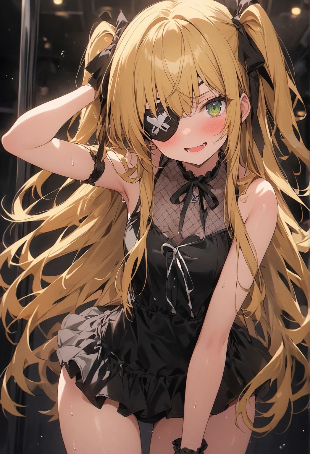 1girl, long golden hair,green eyes, dog floppy ears, in black stockings, sitting on bed, in underwear, slender body. Holding smartphone, looking at smartphone, perfect eyes, perfect quality, back to camera