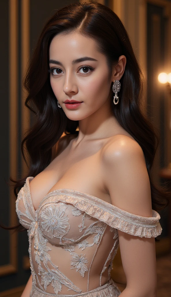 On the table, best quality, illustration, Super detailed, Fine details, high resolution, 8k wallpaper, Perfect dynamic composition, Beautiful and delicate eyes, Long Court,Off-shoulder,Medium Length Hair,Natural color lips for small breasts, Bold sexy pose,Smile,Harajuku、20 year old girl、Lovely、Sexy shot looking at camera、Blurred Background