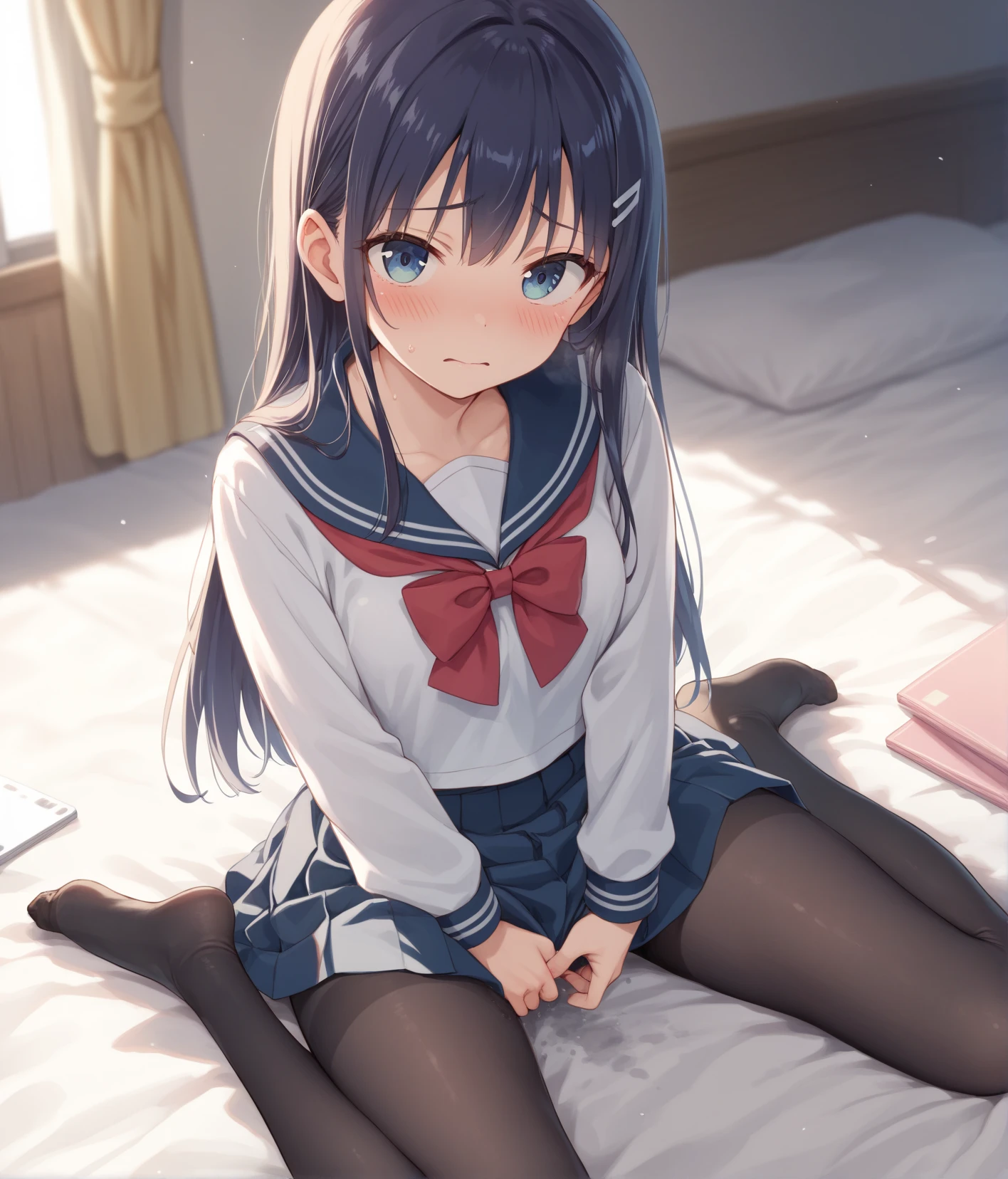 One person、Long Hair、Lori、Black Hair、With bangs、((2 year old girl))、small、((baby))、Baby Face、smile、Big eyes、barefoot、skirt、black eye、cute、身長のsmall、bed、Show the whole body、