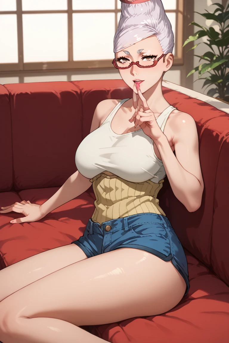 masterpiece, best quality, AiHayasakaV4, 1girl, solo, breasts, blush, blue eyes, blonde hair, bed,, hair ornament, hair between eyes, nail polish, side ponytail, black glasses, scrunchie, hair scrunchie, blue nails, blue scrunchie, blue swimsuit, medium cleavage, sitting, ((crossed legs)), wet, living room, sticks out, butt, pathetic looking, black panties, bare legs, ((feets)) ((show feets)), looking at viever ,