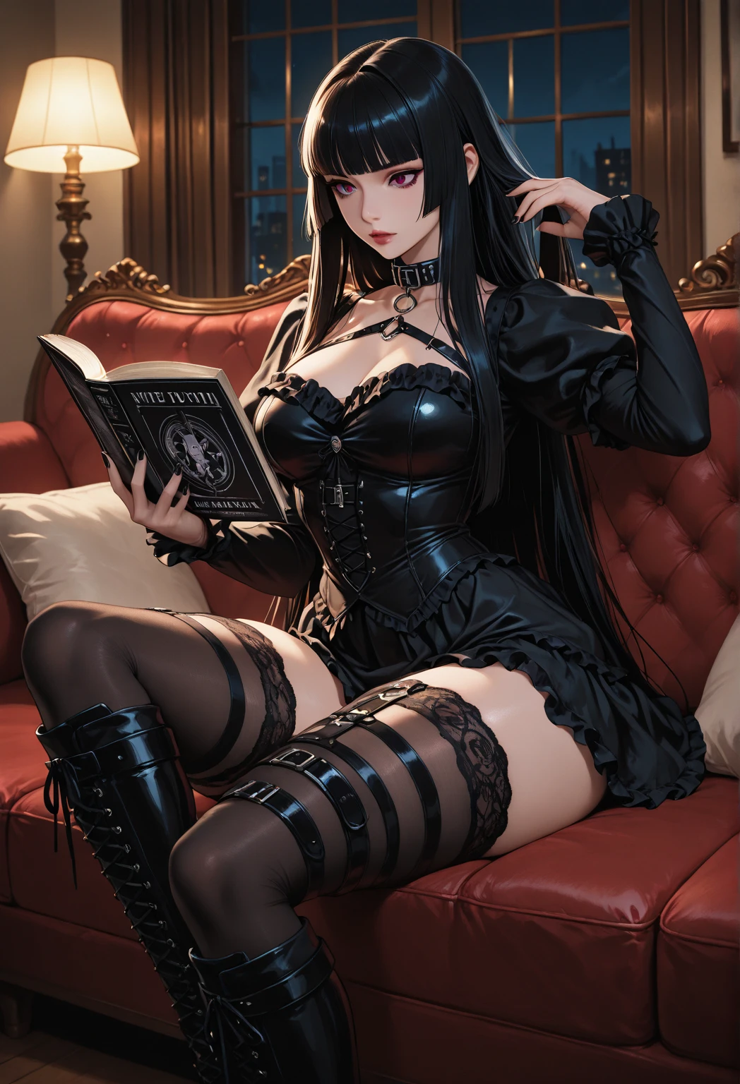 1 girl、Detailed facial details,16 years old,Handcuffs,Collar,Cat ear,Black long hair,Red lips,Slim,Dressed in black bunny girl,Black garter stockings,Large Breasts,Charming red eye,Handcuffs,collar,Radiant Skin,Book in hand,study,Sitting on the sofa