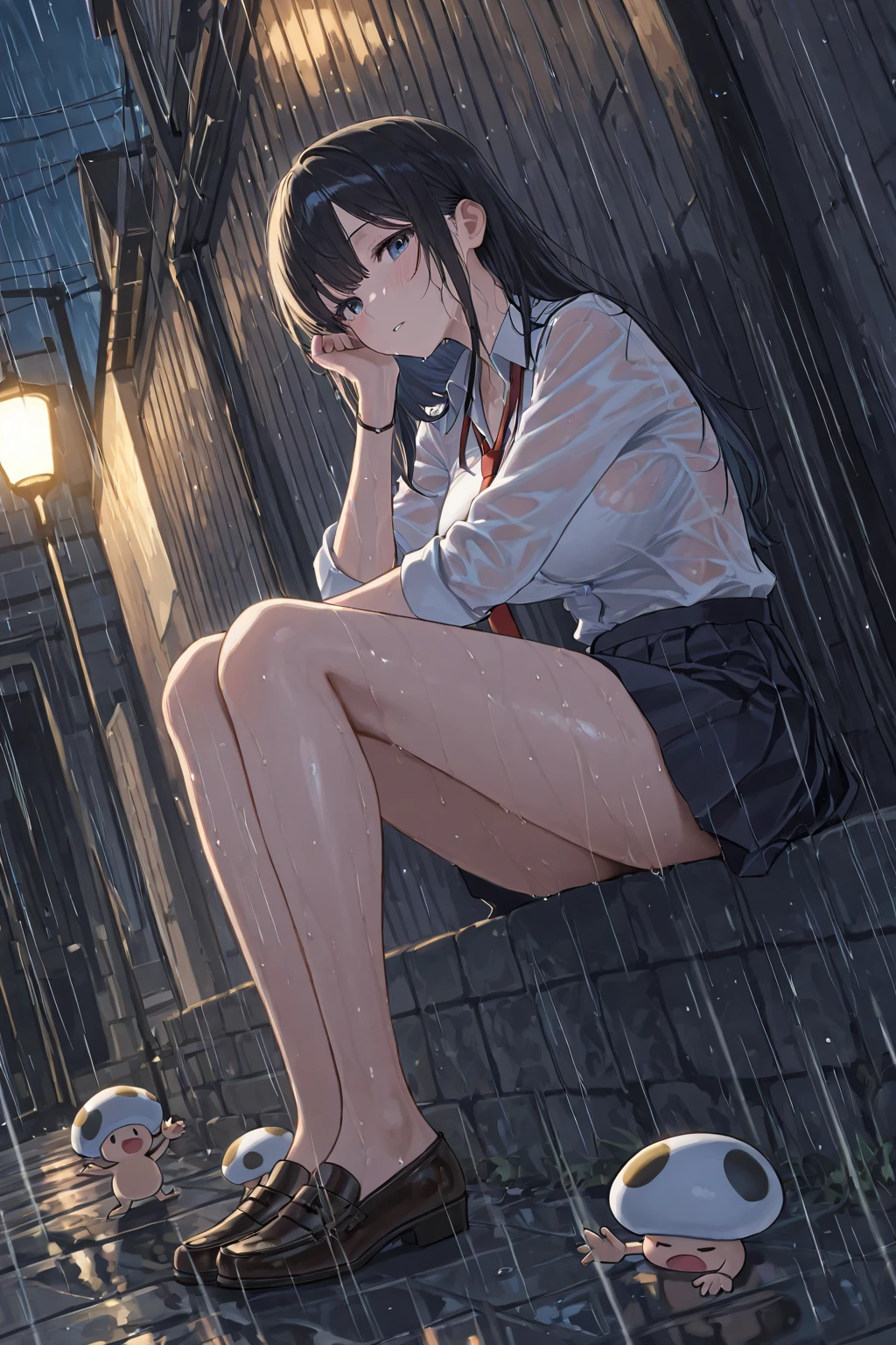 A crying school girl, high , long black hair, light blue eyes, sitting on a bench, holding an umbrella, wet from the rain, rain droplets, light reflections, puddles, street lamps, full body, best quality, 4k, 8k, highres, masterpiece:1.2, ultra-detailed, realistic, photorealistic:1.37, HDR, studio lighting, ultra-fine painting, sharp focus, physically-based rendering, extreme detail description, professional, vivid colors, bokeh, portrait