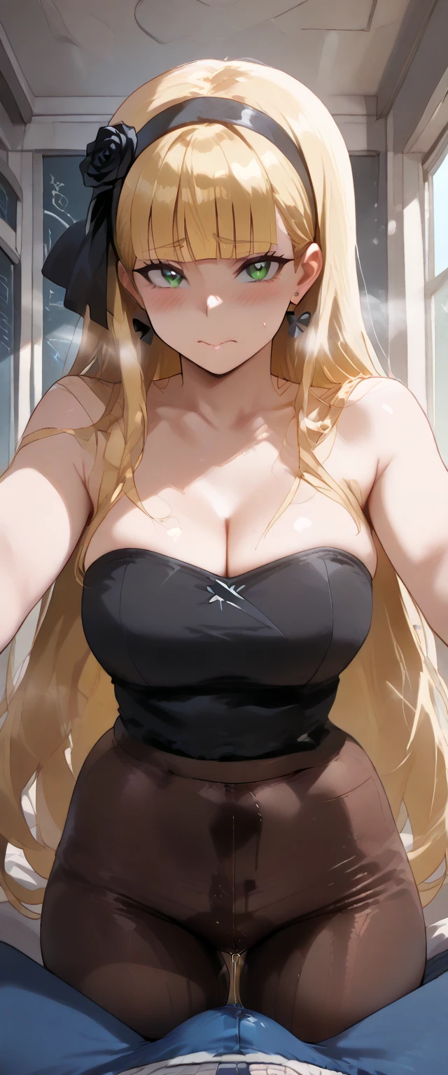 (Best quality:1.3), kitagawa, large breasts, naked, bikini, blushing:1.2, (pov, close shot), beach, smiling