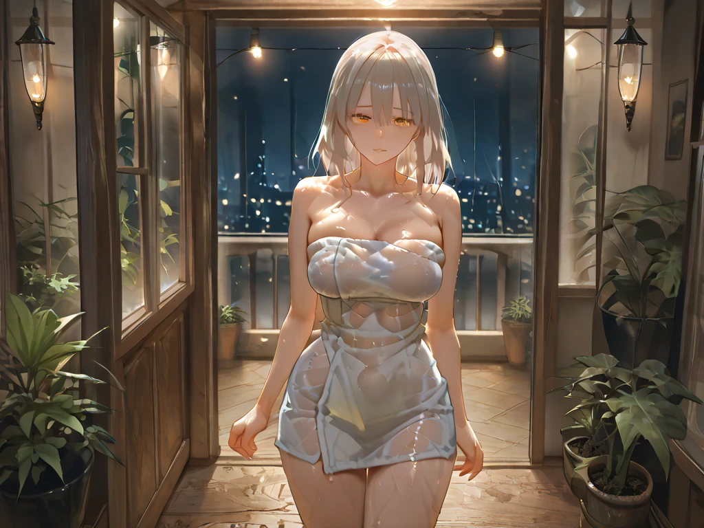 masterpiece, best quality, 1girl, backless dress,night,wet clothes,smile,tears face,blue eyes,focus on eyes