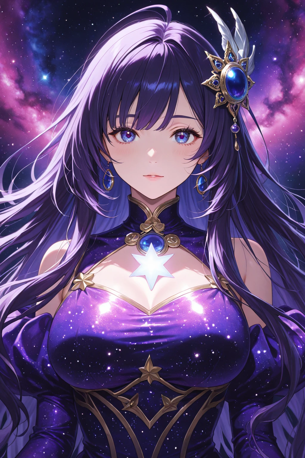 A grand divine cosmic goddess, (2d illustration:1.2), Dark, purple, blue, starry, (imposing), (grand), (1woman:1.3)