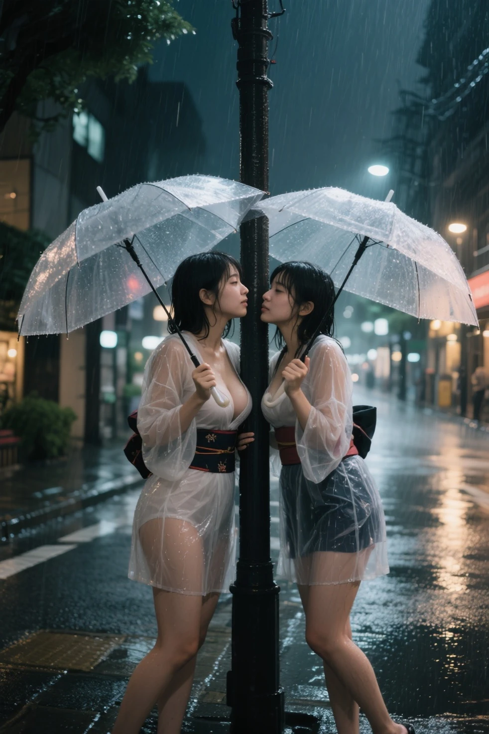 (RAW photo:1.2), (realistic), beautiful detailed girl, very detailed 目 and face, beautiful and detailed eyes, huge file size, High resolution, very detailed, highest quality, [table top:1.6], shape, very detailed, small details, highest quality, 8k wallpaper, movie lighting,15 year old girl, standing in the rain, My whole body is drenched in rain,  Her white bra is visible through her shirt.,  Her pants are transparent and you can see her white panties., look of despair, slender body, young face, immature body,small breasts,  exposed underwear, My clothes are wet from the rain and my underwear is showing through., on a dark road, heavy rain, Dimly lit cityscape, Rainy landscape