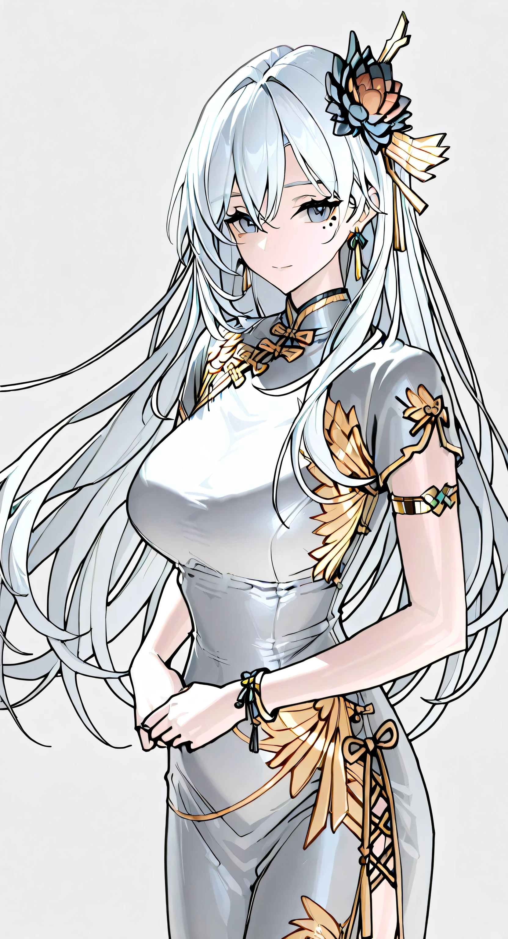 mole under eye、Armlet for left arm、bracelet for right wrist、China Dress,anime girl Picture of a woman with long white hair and a flower in her hair, gray hairの deity, Anime Goddess, gray hairの, gray hairの lady, gray hair, Zodiac Knight Portrait Girl, Haise Jinyao, Genshin character、Keking,  Full Body Senxia , female anime character, Picture of a woman with long white hair, perfect gray hairの girl,Beautiful breasts with a nice shape,thin waist,mole under eye,long gloves,earrings,no background，　tachi-e