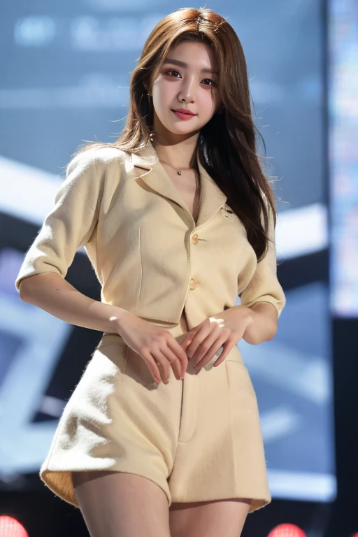 best quality,masterpiece,high resolution,HD,Delicate face shape,Korean beauty,music producer,beautiful necklace,White suit(Reveal body curves),Small waist,Brown low ponytail,Sophisticated makeup,super red lipstick,full-body shot,Full body single photo,Catwalk