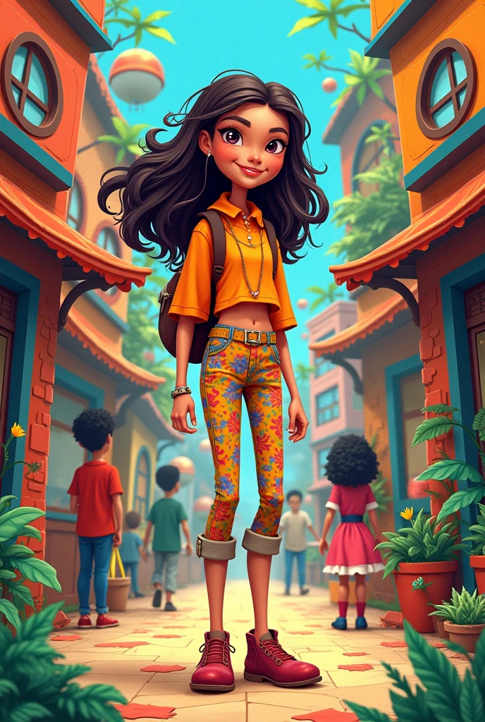 portrait of beautiful 9-month-old African African girl ((dark brown skin color)) on the city street, with happy jumping, ((Playtoon)), cute smile, ((with flowers)), wearing t-shirt (((no printing))), orange and jeans, current fashion shoes, mega long curly hair, ((kanekalon)), (cinematic contour lighting), close-up, product preview, detailed facial details,  perfect face, sharpness, trendy art, sharp facial details, cgsociety, very high quality digital art, exquisite hyperdetail, 4k, 3D, 8k, chibi style, soft lighting, dreamy --ISO 100, fashion --air 2:3 --auto --s2
