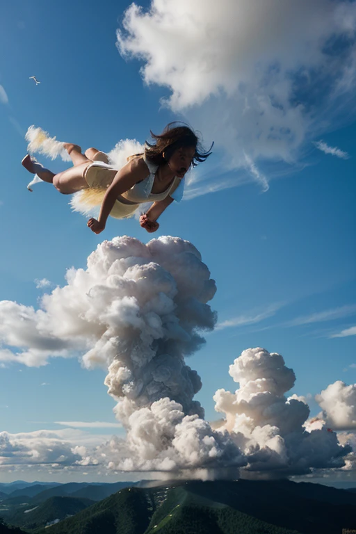 D'Israeli, Luigi Serafini, James Jean, Surreal, mysterious, bizarre, fantastical, fantasy, sci-fi, Japanese anime, the sky above the futuristic city of Tokyo, a beautiful high school girl in a miniskirt freefalling, perfect voluminous body, her arms and legs spread, between the clouds, a bird's-eye view, action, detailed masterpiece depth of field cinematic lighting tits ass provocative showing off