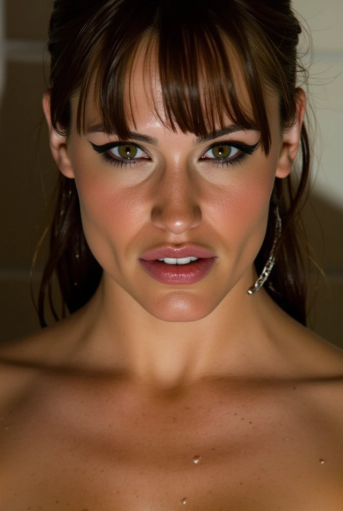 ((Worm's-eye view)), from below,perfect 57 year old milf, (lactating breasts:1.2),1woman,solo,long ponytail, looking at viewer, dimmed lighting