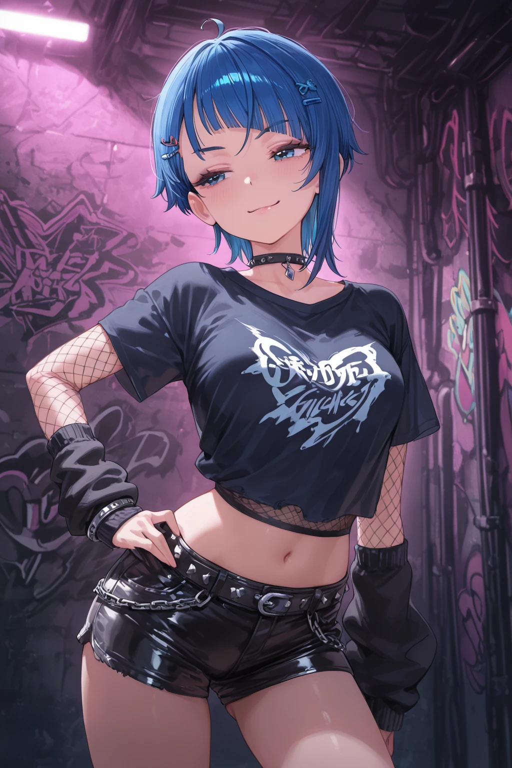 young girl, Short blue hair, turquoise eyes, punk, Scars, tattoo, smirk, open belly, open breasts, black leather jacket, Black leather skirt, Masterpiece, hiquality