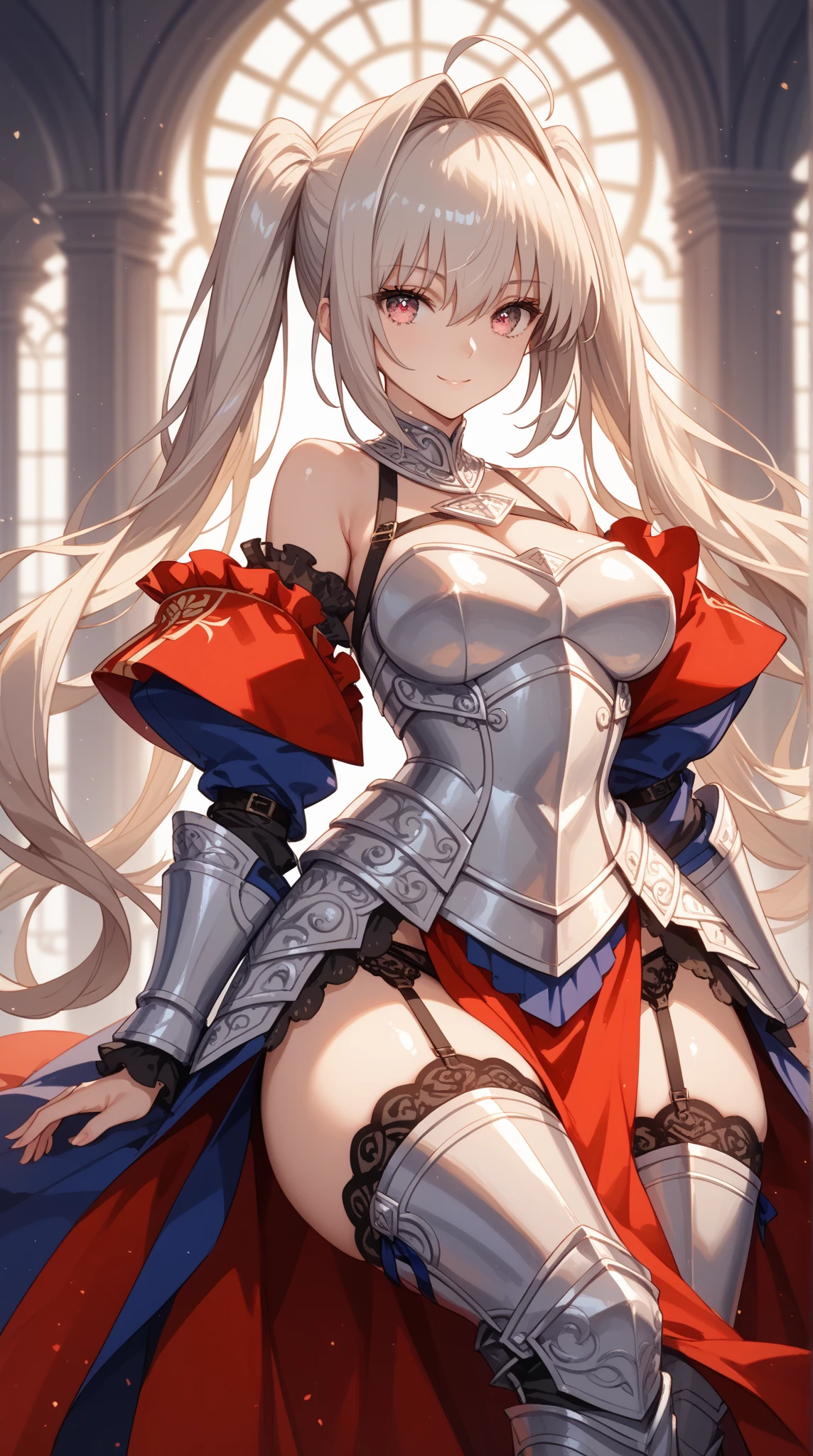 Masterpiece, Best quality, 1girl, solo, long-hair, thighhighs, breasts, striped, blonde-hair, flower, blue-eyes, rose, striped-thighhighs, full-body, dress, looking-at-viewer, blush, tiara, detached-sleeves, cleavage, big-breasts, holding, bare-shoulders, closed-mouth, black-footwear, white-dress, standing, red-rose, hand-on-hip, bow, bangs, very-long-hair, ahoge, red-flower, hair-between-eyes, gauntlets, halterneck, red-bow, frills, shoes, skirt, footwear-bow, armpits, flag, antenna-hair, criss-cross-halter, weapon, collarbone, clothing-cutout, crown, floral-print, headpiece, ((exposed navel)), short skirt, shield
