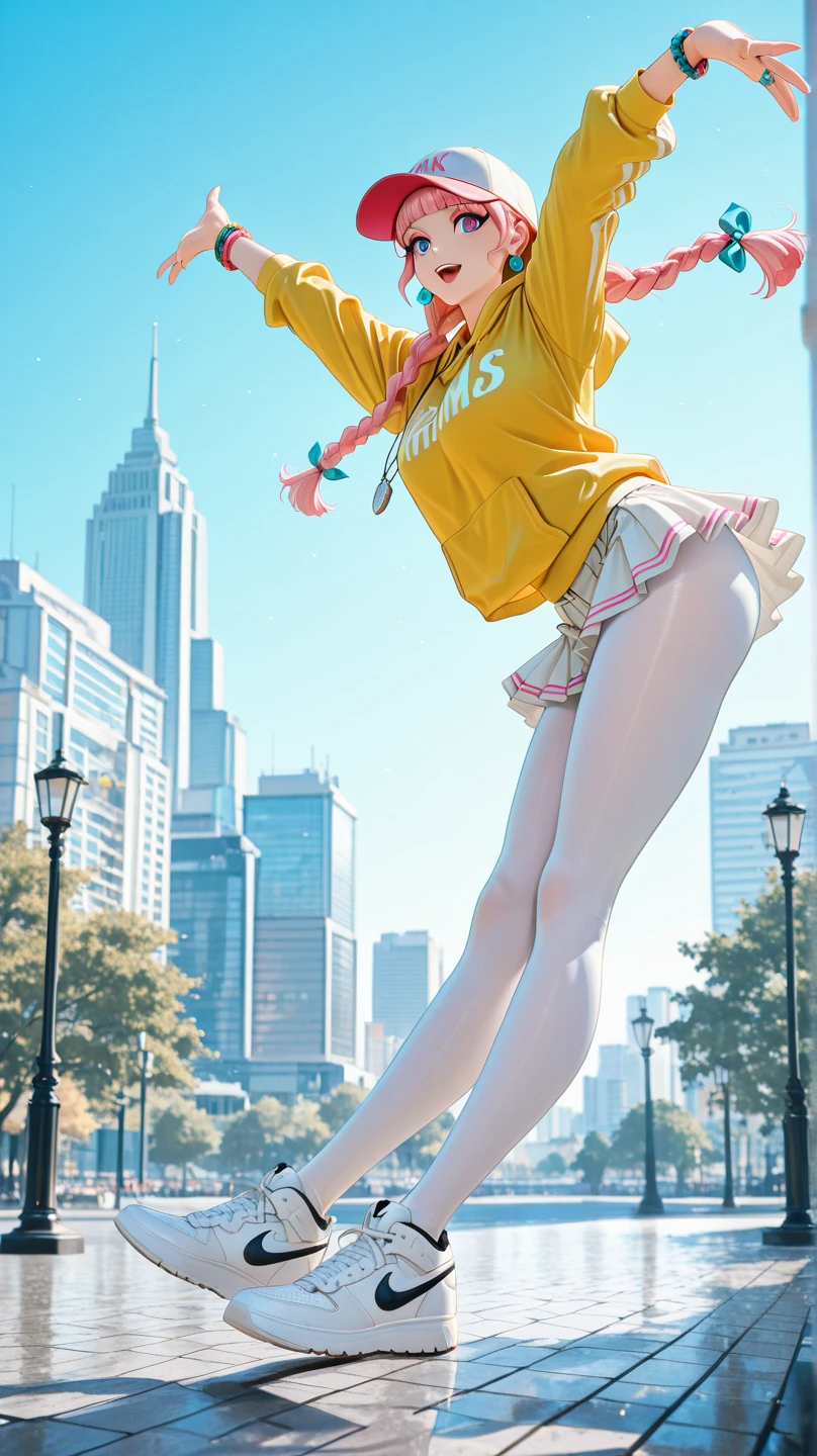 ((masterpiece, best quality, highres, UHD, perfect pixel, depth of field, 4k, RTX, HDR, extremely detailed)), 1girl, single, solo, 24 years old, beautiful anime girl, beautiful art style, anime character, smile, beautiful smile, ((long hair, parted bangs, colorful hair)), (colorful blue eyes:1.4, rounded eyes, beautiful eyelashes, realistic eyes, extremely detailed pupil), (detailed face, blushing:1.2), (smooth texture:0.75, realistic texture:0.65, photorealistic:1.2, cinematic, anime CG style), large breasts, cleavage, perfect body, busty, dynamic angle, ((white t-shirt, long sleeve, converse, sport hoodie, sport training)), amusement park, outdoor, crowd, wind blows, (graceful, prestigious, glorious, elegant)
