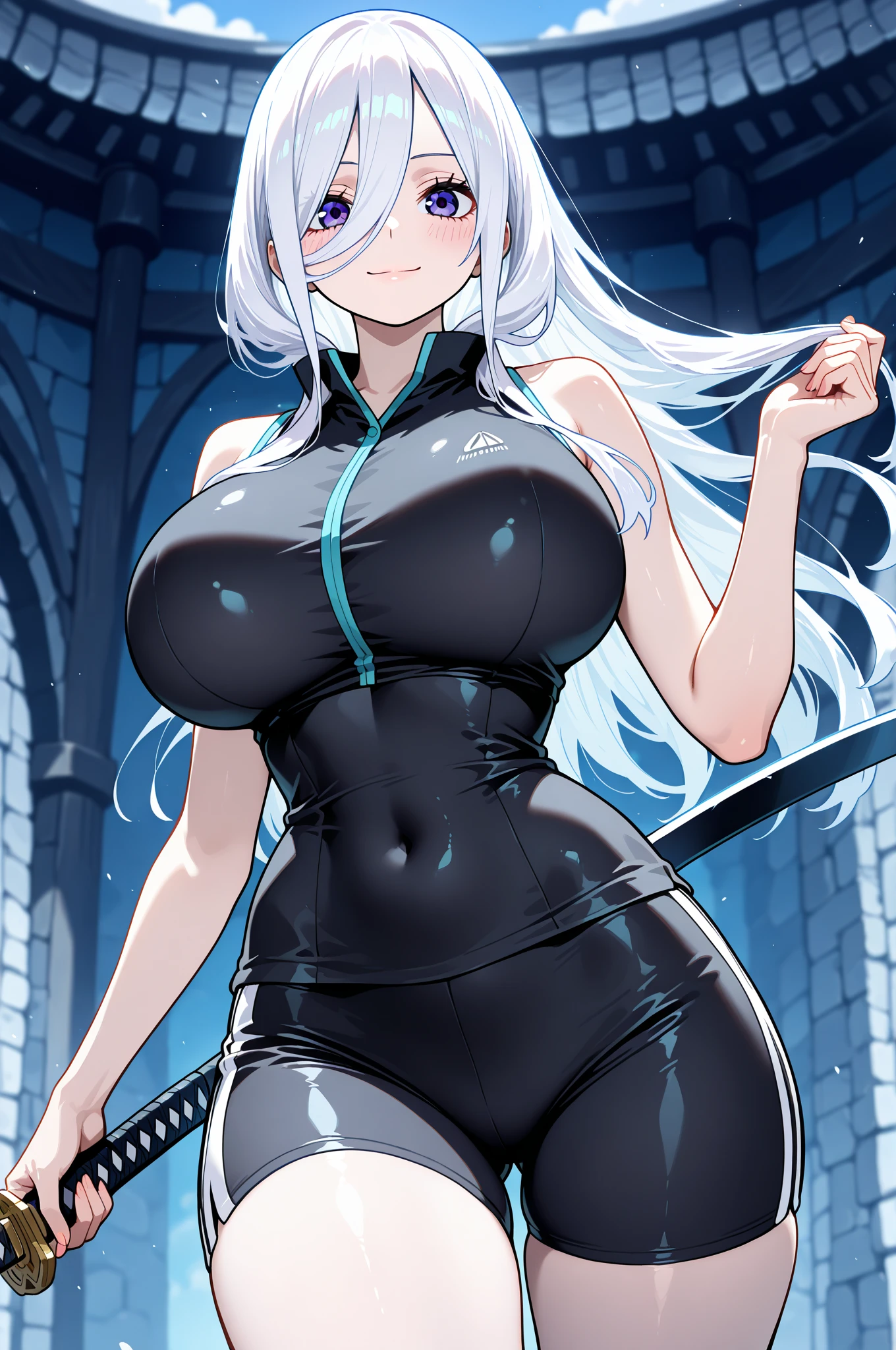 masterpiece, best quality, absurdres, 8k, perfect shadows,perfect lighting,hdr, cowboy shot,shiny skin,skindentation, beautiful body, kafka, ((white hair: 1.4)), long hair, blue eyes, (crop top, underboob, elbow gloves, thigh boots, split skirt, bare shoulders, curvy, midriff, curvy, thighs, higheels, shiny clothes), complex detailed background, inside, luxury palace) (gigantic breasts,hourglass body, thin waist,very slim waist)extremely detailed face,detailed eye makeup, detail face, nice detailed eyes,nice hands, perfect hands (realistic pupils,realistic iris:1) heavy eye makeup,glowing eyes, Bright eyes,standing,standing at attention,(seductive smile), gigantic breasts, curvy