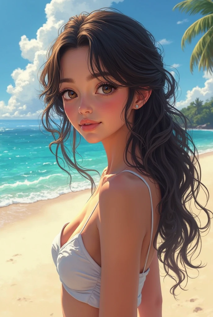 A cute girl in a white lace mini dress, jumping, beach, summer, (best quality,4k,8k,highres,masterpiece:1.2),ultra-detailed,(realistic,photorealistic,photo-realistic:1.37),beautiful detailed eyes,beautiful detailed lips,extremely detailed eyes and face,long eyelashes,dynamic pose,ocean waves,blue sky,golden sunlight,sand,seabirds,warm summer atmosphere