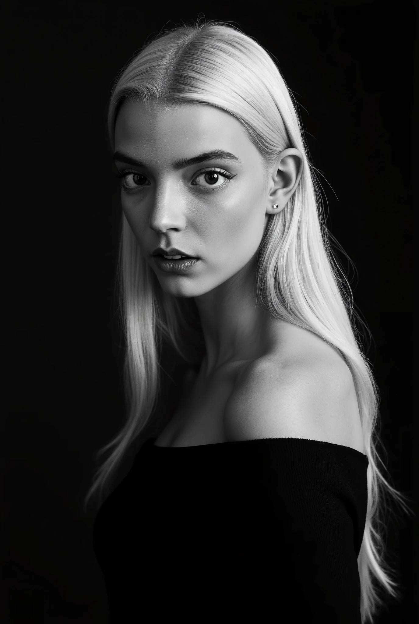 In a monochromatic setting, a girl showcases striking long, blonde hair that flows freely over their shoulders. The hair is characterized by its smooth texture and subtle layers, catching the light in gentle highlights that contrast against a shadowy backdrop. The choice of black attire blends seamlessly with the dim surroundings, enhancing the overall mystery and timelessness of the portrait. The composition focuses on the interplay between light and darkness, emphasizing the graceful lines of the hair and the serene calmness of the scene. Open shoulders and collarbones emphasize the femininity and seductiveness of the girl. She has a charming look and a sensual expression on her face. There are highlights in her dark eyes. close-up portrait, high quality, photorealism, masterpiece, professional photography, classic black-and-white photography, intricate details,