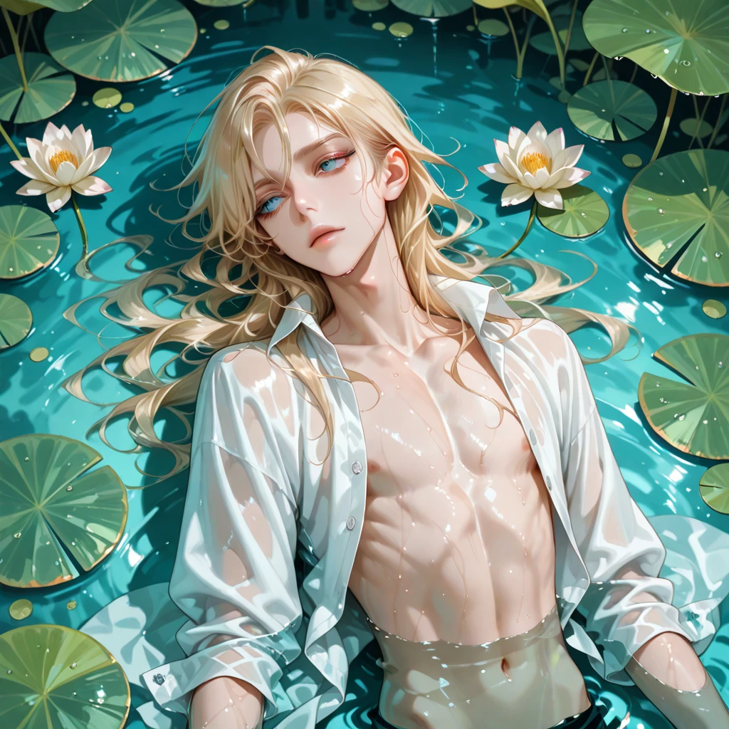 ((best quality)), ((masterpiece)), (detailed), perfect face in the lotus pond，A man with fair skin and long blond hair looks very handsome，Lying naked in the water，The water wrapped around him like silk，There are water lilies floating on both sides of the water，surrounded by golden dragons