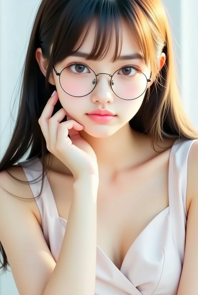 Highest quality, RAW Photos, Realistic, face, Incredibly beautiful girl, cute, length Hair,ponytail,Glasses,Written boundary depth, High resolution, 超detailed, detailed, Very detaileded, extremely detaileded eye and face, Sharp pupils, Realistic students, Sharp focus, Cinema Lighting, Japanese, Short Woman, Physical build, Short arms, length, Narrow eyes, Fleeting atmosphere, 10 years old, Brown Bob Hair, ((thin唇)), White top and bottom swimsuit, masterpiece, Highest quality, detailedな肌, detailedなface, fine grain, 8K, Excellent anatomy, Full body portrait,flat breasts, small breasts, small,( small bust: 1.2), small bust, (slim, small, flat, small), thin, Delicate and sexy collarbone, One Girl, (beautiful girl, Delicate girl:1.3), (10 years old:1.3),