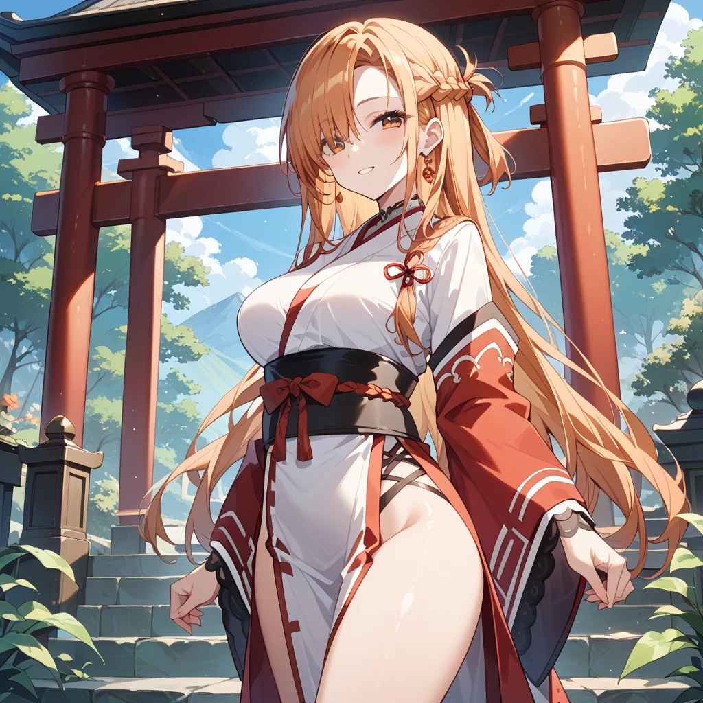 1 woman, solo, tall woman, long orange hair, straight hair ,orange eyes, (Full Breasts), High Height,masterpiece, high resolution, shiny, full body, beautiful,A cute smile that makes the viewer happy, highly detailed beautiful face and eyes,looking at viewer,,(shrine maiden:1.2), (shrine:1.2) ,in the night, 