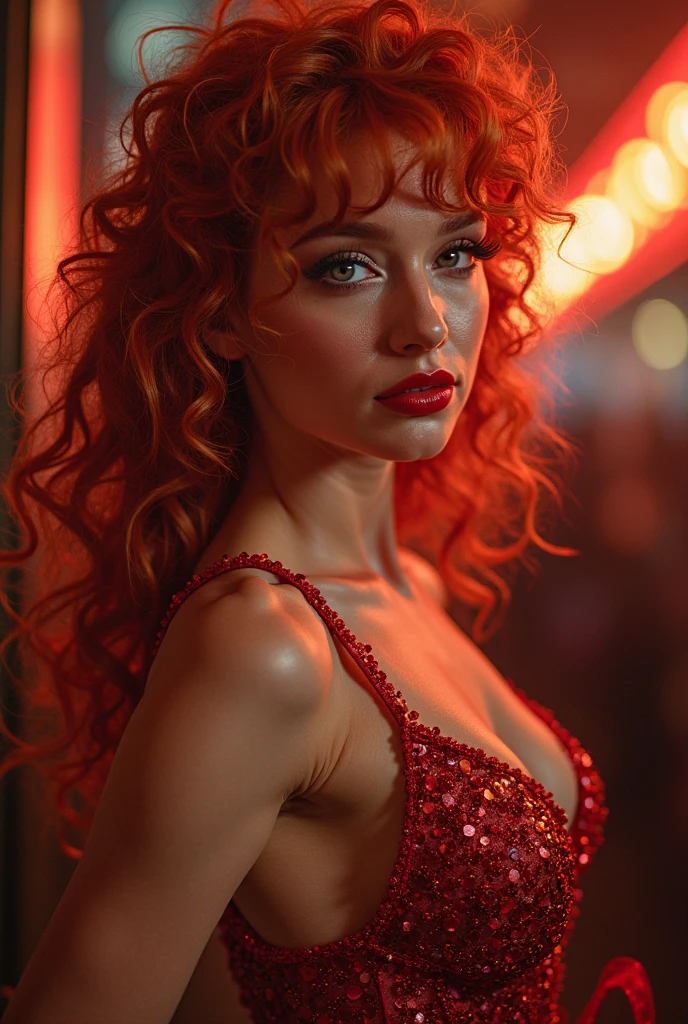 a beautiful and voluptuous woman with exaggerated female features, long red wavy hair, vibrant red lips, piercing blue eyes, wearing a tight-fitting sparkling red dress, 1 girl, photorealistic, highly detailed, hyper realistic, dramatic lighting, cinematic, vibrant colors, Hollywood glamour, dynamic pose, sultry expression, intricate details, digital painting, concept art