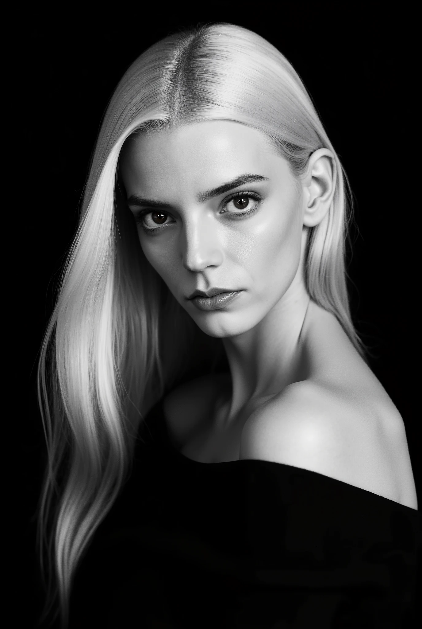 In a monochromatic setting, a girl showcases striking long, blonde hair that flows freely over their shoulders. The hair is characterized by its smooth texture and subtle layers, catching the light in gentle highlights that contrast against a shadowy backdrop. The choice of black attire blends seamlessly with the dim surroundings, enhancing the overall mystery and timelessness of the portrait. The composition focuses on the interplay between light and darkness, emphasizing the graceful lines of the hair and the serene calmness of the scene. Open shoulders and collarbones emphasize the femininity and seductiveness of the girl. She has a charming look and a sensual expression on her face. There are highlights in her dark eyes. close-up portrait, high quality, photorealism, masterpiece, professional photography, classic black-and-white photography, intricate details,