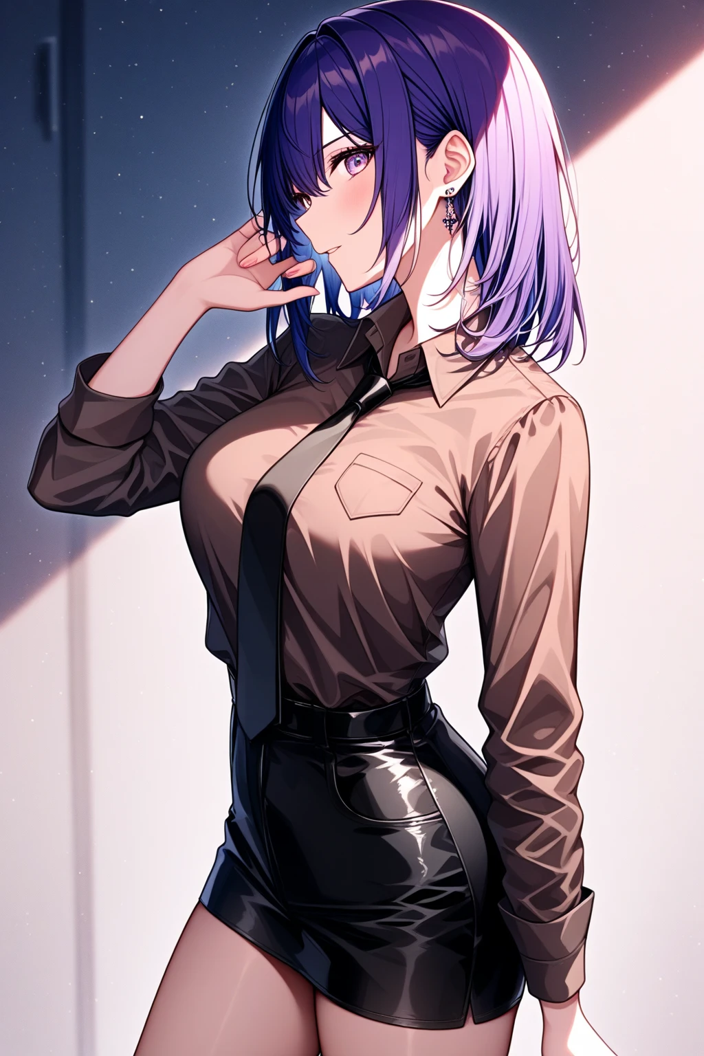 young ebony girl, black skin, purple hair, high ponytail, yellow eyes, White leather jacket, skirt, open belly, big breasts、underboob, smile, masterpiece, high quality、((Sitting in a dimly lit hotel bud、spread legs))、heavy makeup、Shiny light pink strong lipstick、detailed background