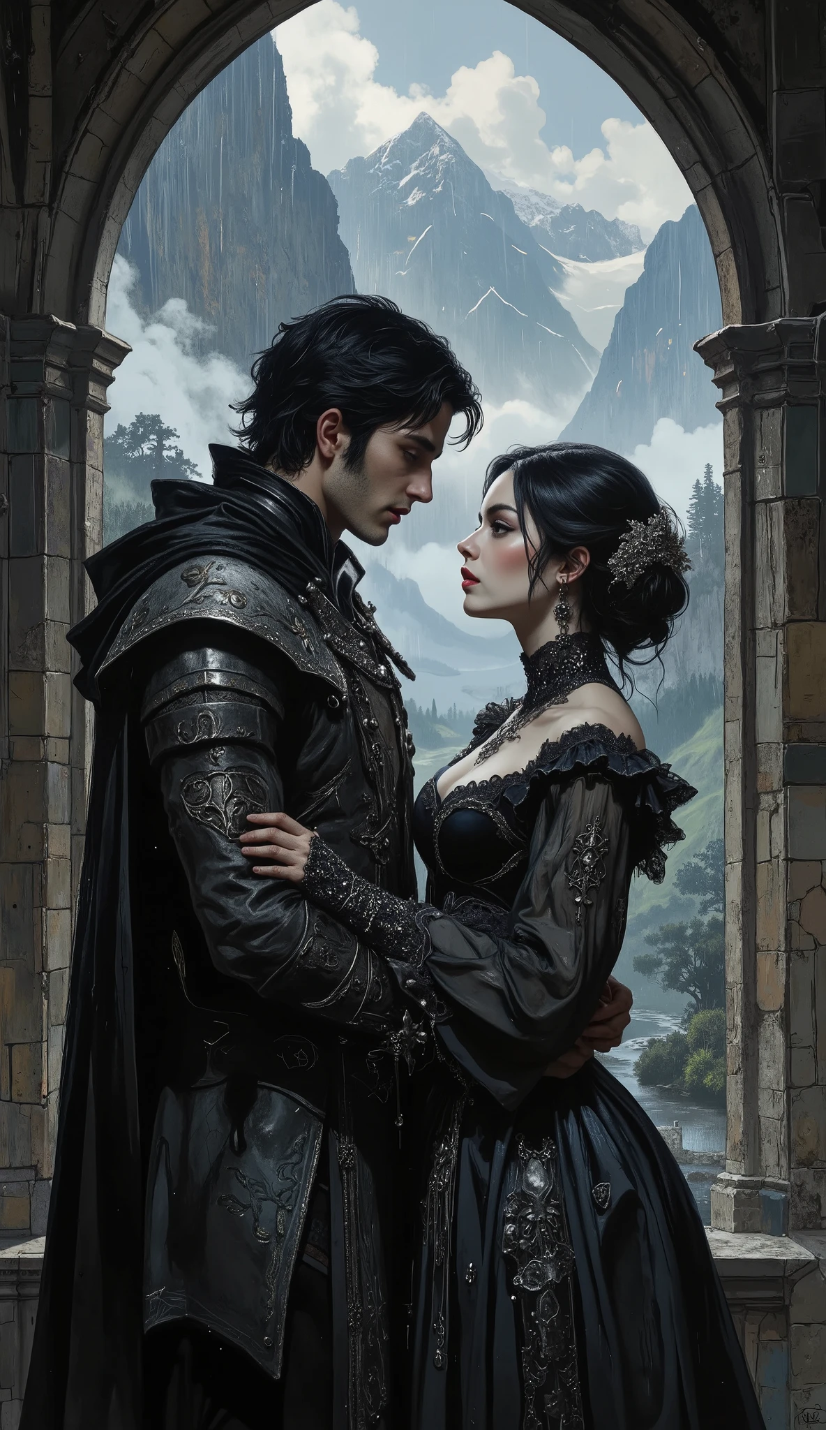 A couple in love met in an ancient castle, high in the mountains, at a huge arched window, behind which rain and wind are raging. They look at each other, their fingers entwined. Rain drips down ancient stones, and in the distance, through a veil of water, you can see a fantastic valley — gloomy, shrouded in fog, with a winding river and northern forests blackening at the foot of the mountains. The woman has pale skin and dark makeup, her lips are the color of red wine, and her eyes are highly illuminated with thick eyeliner and dark shadows. Her hair is jet black, intricately styled. She wears an exquisite Gothic outfit that combines traditional Renaissance clothing with modern elements of Gothic fashion. The outfit includes a form-fitting bodice made of rich black velvet, decorated with intricate silver embroidery imitating filigree patterns. Attached to the bodice are loose-fitting sleeves made of transparent black fabric, which rise and then taper at the wrists, where they are secured with silver lace cuffs. Around her neck, she wears an ornate collar with frills of fine lace, adding a historical aesthetic and at the same time echoing the modern Gothic style. Her skirt is voluminous and layered, combining luxurious fabrics such as satin and lace in various shades of black and dark gray, creating depth and texture. She stands clinging to her lover. Her companion is tall and statuesque, dressed in a black doublet with silver buttons, trimmed with velvet and lace, with a long cloak falling in gloomy folds. His features are noble, but marked by a stamp of melancholy, and in his eyes there is the same longing as hers, but now softened by their meeting. The lovers are surrounded by the twilight of the castle, where the shadows are swaying from the flickering candlelight.Stylized digital art in the spirit of Gothic and fantasy. The painting style of Leonardo da Vinci, Jan van Eyck and Chris Peters.High detail.