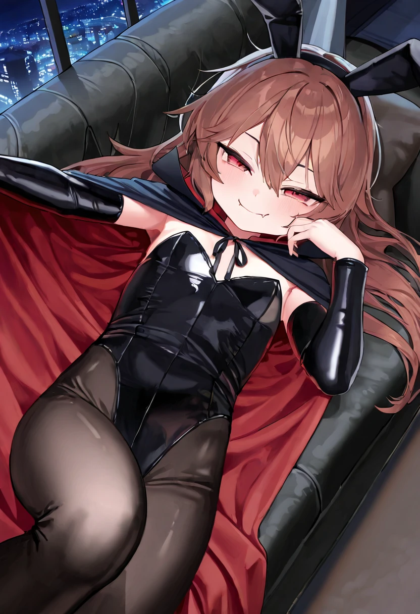 Taeko Kondo、Girls&Panzer、Brown Hair、Short Hair、((Thigh-high boots))、Photo from below、Medium chest、Bedroom、(Doronjo)、Red ribbon、Black gloves、leotard、Cape、Leg spread