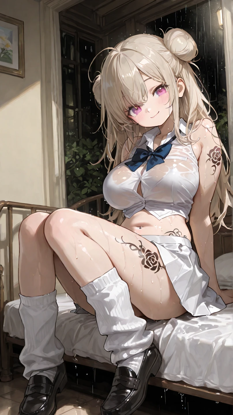 platinum blonde blue eyes shoulder length hair beautiful soft smile feminine graceful girl light blush silver bedroom bed sheets messy hair sitting in bed laced white lingerie garter belt white stocking white lingerie thick close up