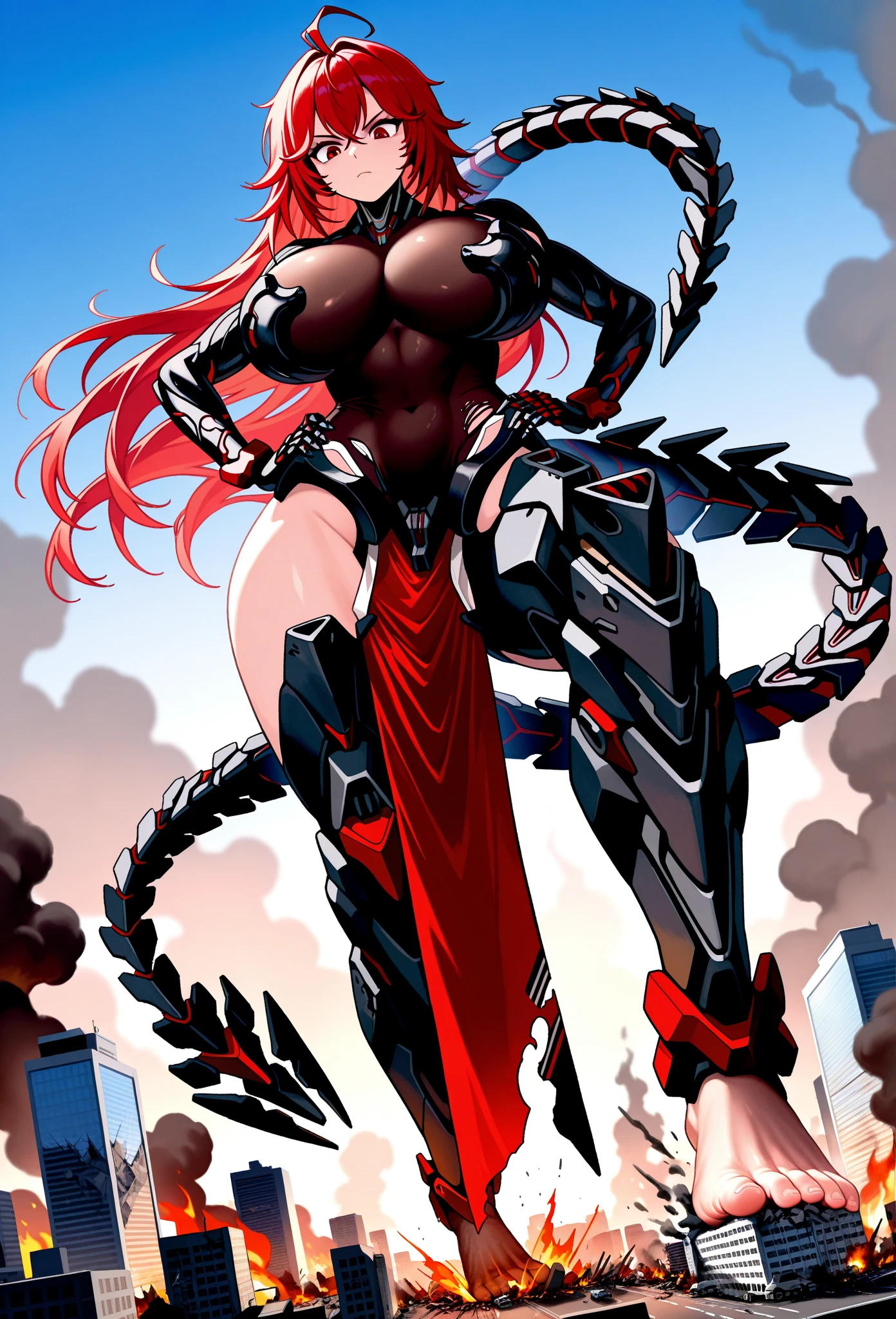 Create a Gorgon with red hair and big breasts her cause is red and long, your face is beautiful and angelic, A golden mask covers his face at the top and his eyes on his helmet, and red armor over his slender, muscular body, she has big breasts and ass 