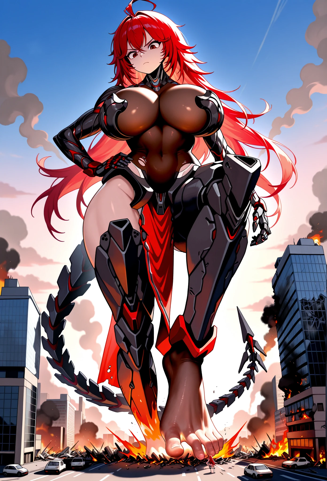 (full body/upright/standing view:1.5). (({beelstarmon})), ((in a futuristic city completely destroyed with flames coming out of the destroyed buildings)). {beelstarmon}: is looking at the viewer, (extremely :1.5), doing exhibitionist/non-tilting/unseated poses, holding a long black rifle., Hyperrealism, anime, 16k, UHD, masterpiece, best quality, high details