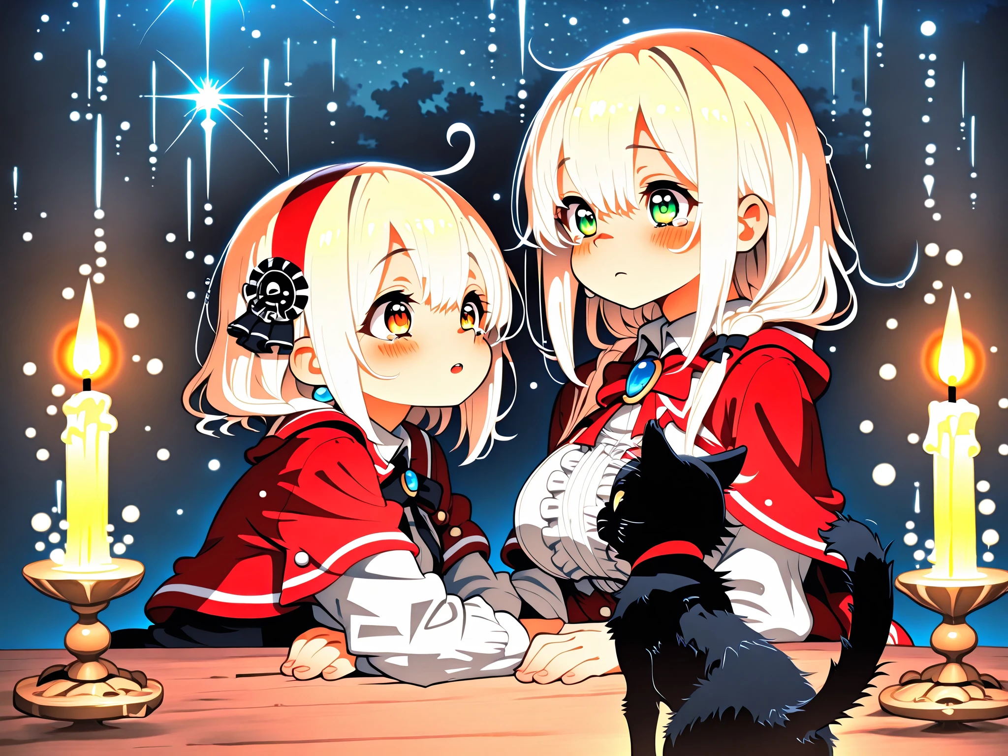 tegaki chibi 2boys red hooded boy and man wolf ears hug in the forest gothic lolita