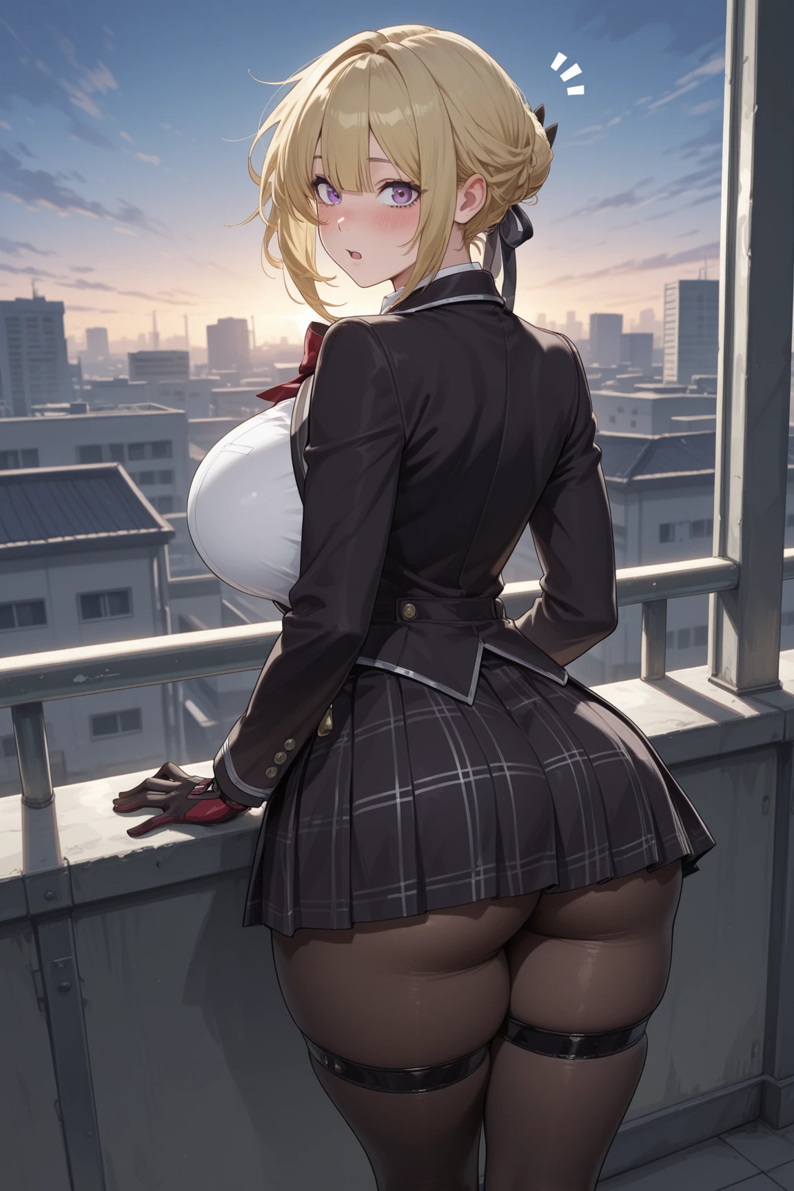 ((1girl)),((alone)),kurashiki queen,(masterpiece), (best quality), (ultra detailed), (best illustration), (best shadow), (absurdities), sharp focus, cowboy shot ,dynamic pose looking at viewer, big breasts, narrow waist, wide hips, wide thighs, round butt, dynamic posture, light blonde hair, long hair, blue eyes, white shirt, red bow, rolled up sleeves, beige sweater tied around the waist ,pleated skirt,black skirt,short skirt,black calf-length socks,brown loafers, smiling, playful look, seductive smile, closed mouth, seductive expression, (sexy pose: 1.2), ((solo)), standing: 1.3 , exterior, night, cityscape, city, streets, city lights, looking back, from behind, ((focus on ass:1.4)), point of view (from below), red blush, perfect anatomy, perfect hands