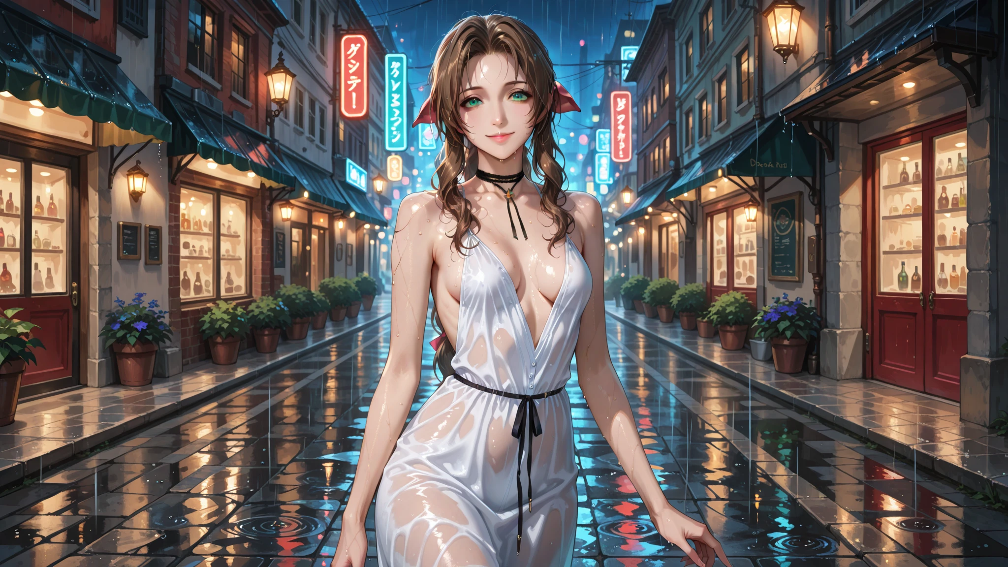 A woman wearing a leopard print dress, exposed shoulders, large breasts, black heels, blue hair, ponytail hair, purple eyes, standing on a sidewalk in a city at night, buildings in the background, blurred background, bright, smiling place..UHD , prime work , accurate , anatomically correct , textured skin , super details , high quality , best quality, 8k, high resolution, bokeh effect. (woman solo), realistic, close view