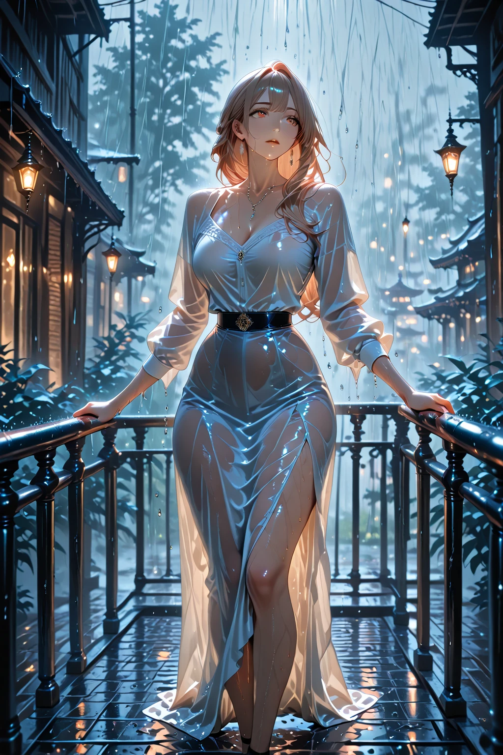 maryms,Best Quality,(beautfull woman),masterpiece,1girl,Physical rendering,super tall,big breasts thin waist,being thin,Big eyes,long legged,(Bigchest),night scene,(rainy city),Brightens skin，（hold fists），Lewd expression，red tinted hair，Golden eyes，Sheer dress is skinny。 --auto
