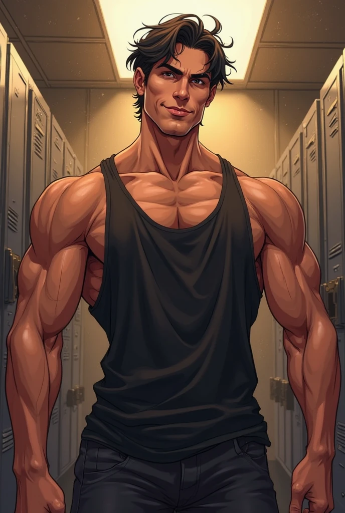 Best quality, masterpiec,ultra high res, real shadow and light, 4K, topless, beefy man, locker room,