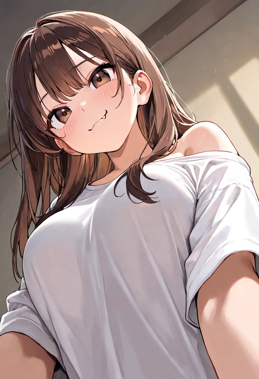 ((masterpiece)), ((best quality)), ((4K)), girl, pinch shirts, pull shirts, smiling, POV from below