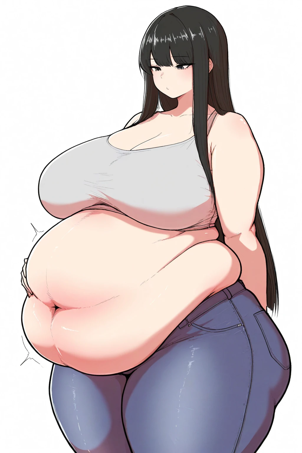 2girls, milf, looking at viewer, plump, tummy showing, cute, big breasts, adorable, tank top, sweatpants, tummy showing, anime, eyes rolled back, huge tummy, fat tummy, black hair, blue eyes, looking hungry, stomach rumbling, stomach gurgling, licking lips, looking at viewer hungrily, vore, vore belly, massive tummy, hyper tummy, disproportionately large tummy, belly expansion, biggest belly ever, grabbing belly, belly massage, gorging on food, weight gain, Glutton, embarrassed, one girl grabbing the other's belly, yuri, mature women