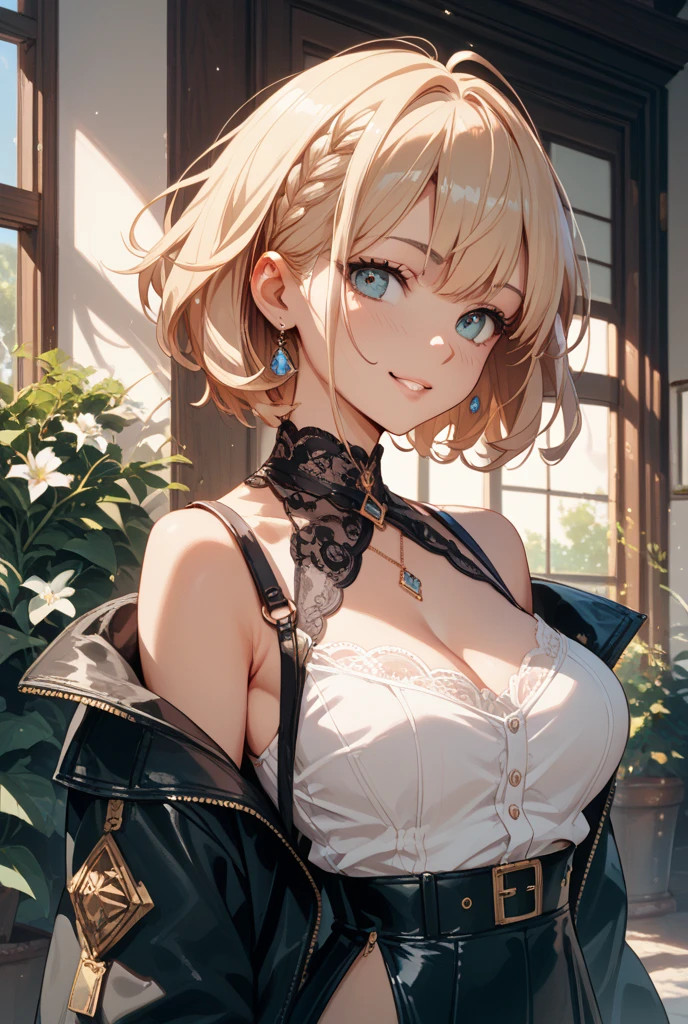 1 girl, blonde bob hair, heart shaped eyes, ♡, big breasts, lace queen, {girl with blonde bob hair named nao}, (Pink eye color), {race car}, (smile), bright background , mole under eye, Star-shaped choker, (masterpiece, highest quality), very detailed, highest quality, official art, beautiful and aesthetic: 1.2), (1 girl), very detailed, (geometry art: 1.3), colorful, most detailed ,(garden,beautiful flower々), (masterpiece, highest quality), official art, beautiful and aesthetic: 1.2), (1 girl), very detailed, (geometry art: 1.3), colorful