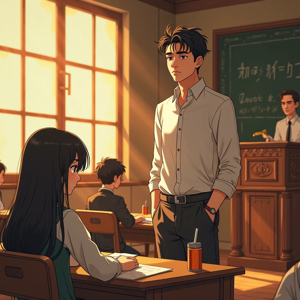 In class，A male teacher stands in front of the blackboard，Angry expression，rage，To a male college student，inside a classroom，