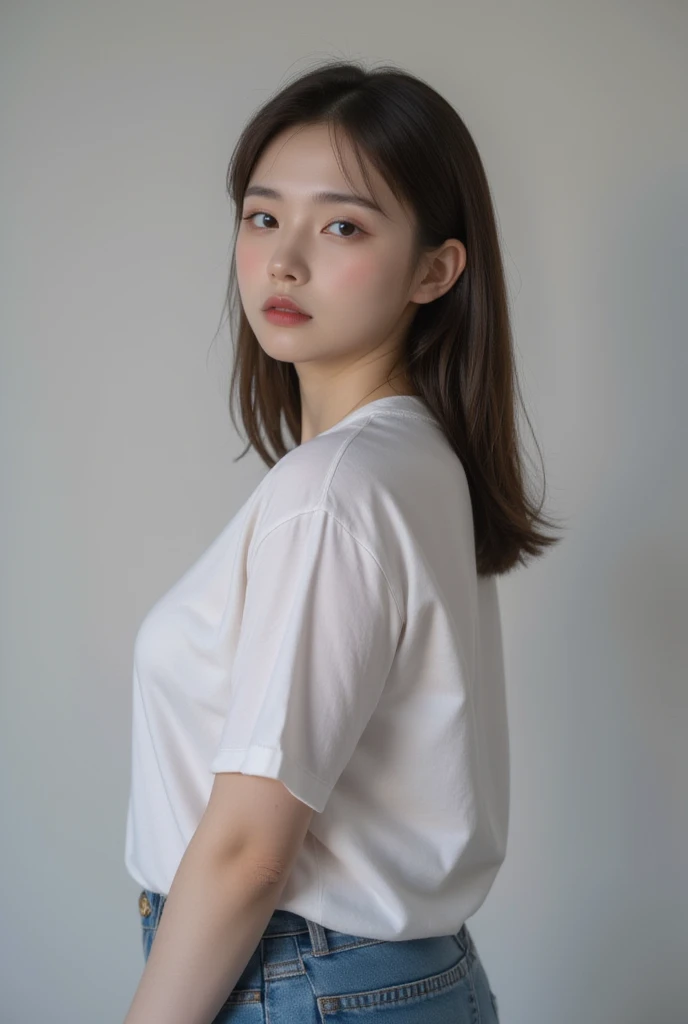 Highest quality、masterpiece、Ultra-high resolution、(Realism:1.4)、1 girl、In a pale background、Deep Shadow、Low Key、Shortcuts、Upper Body、sex appeal、Wearing a shirt